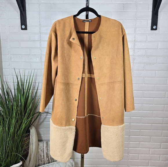 Zara Faux Suede Tan and Cream Fur Trimmed Jacket Oversized Small - Picture 7 of 13